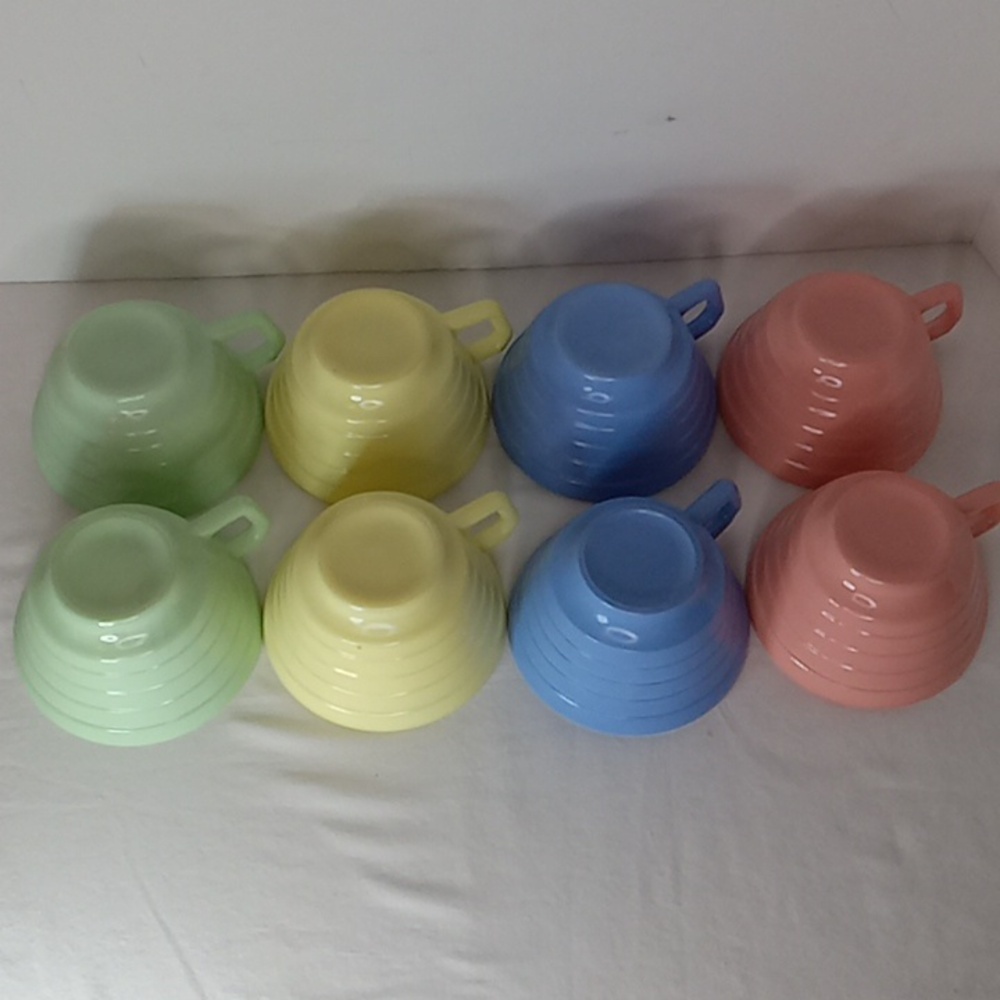 MCM Unique Vintage 50's Hazel Atlas Platonite Pastel Coffee Cups Mugs Set Of 8 - Picture 2 of 5